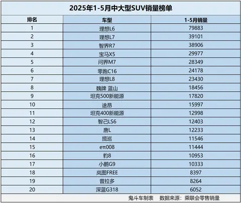 中大型SUV市场变天了 1-5月销量榜单出炉 17款过万 问界M7第五